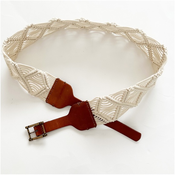 Tommy Bahama Macrame Braided Woven Cream Brown Leather Belt Brass Buckle Boho S - Picture 4 of 8